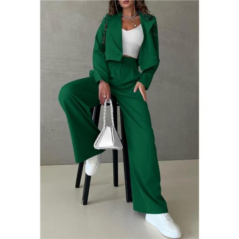 Women's 2 Piece Casual Outfits Cropped Blazer Jackets High Waisted - Picture 3 of 7